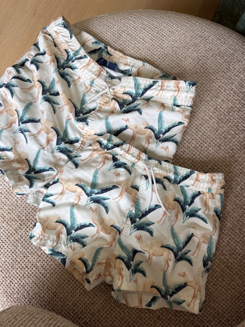 Janie and Jack Cream Swim Trunks with Green Leaf and Tan Camel Print